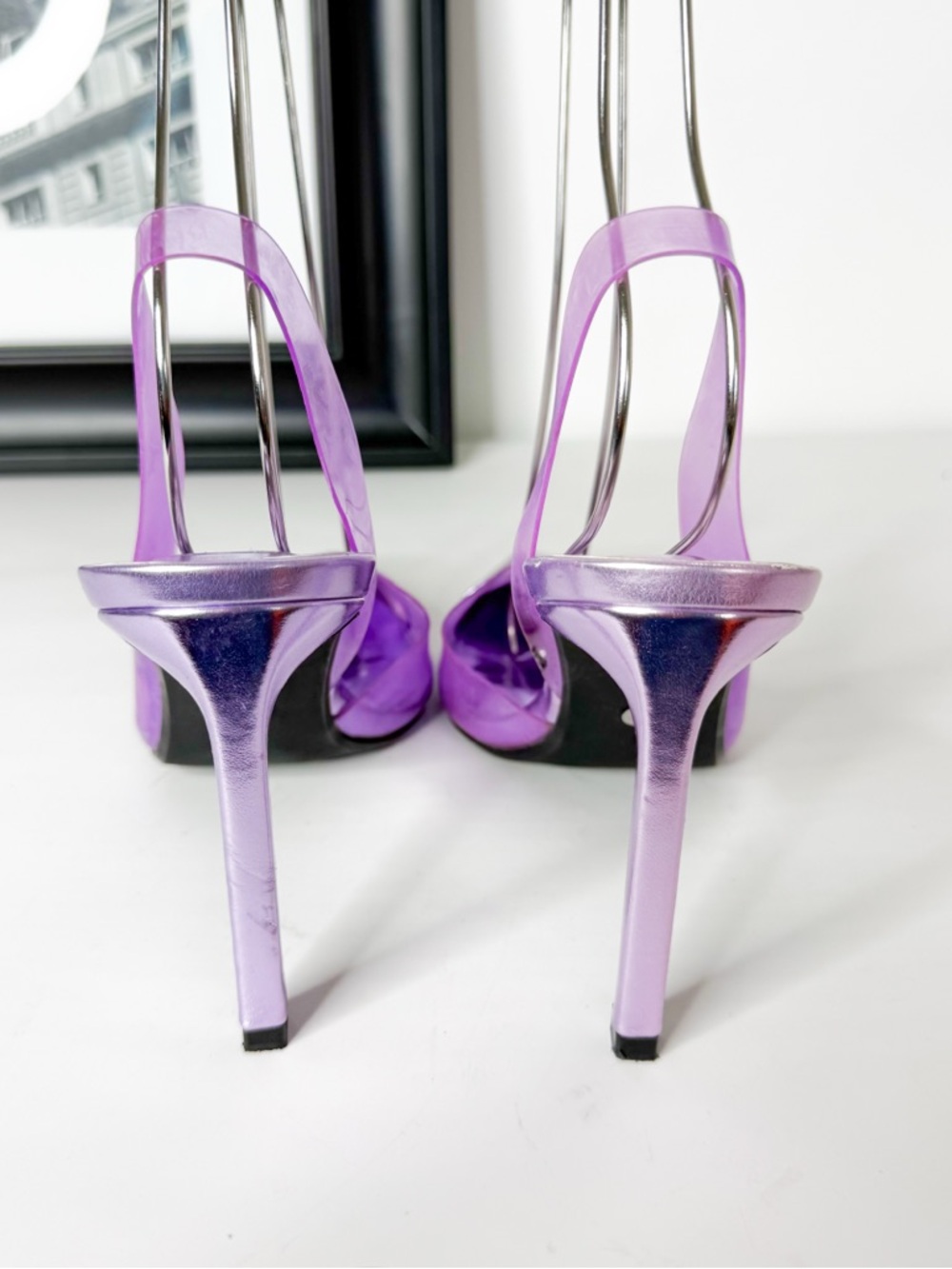 ZARA Purple Clear Slingback Heels Metallic Pointed Toe Stiletto Size 38 - Picture 4 of 8